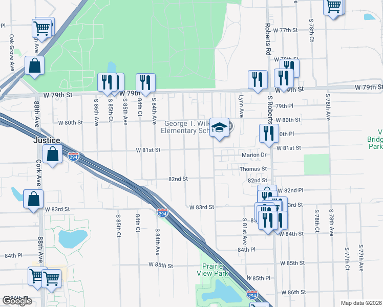 map of restaurants, bars, coffee shops, grocery stores, and more near 8114 South 82nd Court in Justice