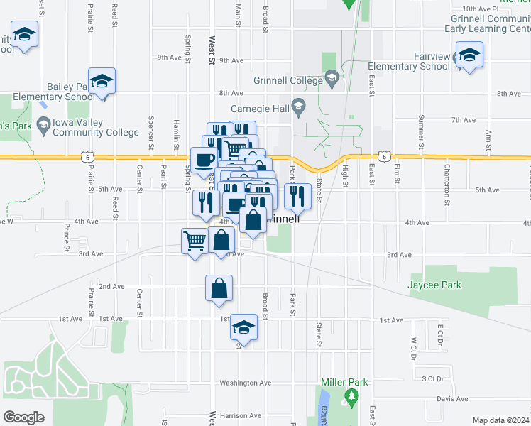 map of restaurants, bars, coffee shops, grocery stores, and more near 926 Broad Street in Grinnell