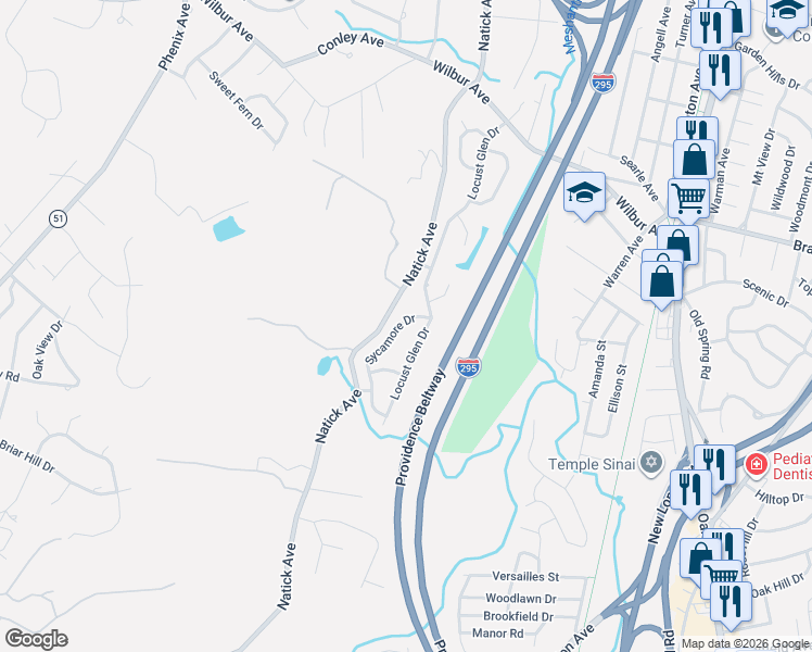 map of restaurants, bars, coffee shops, grocery stores, and more near 26 Sycamore Drive in Cranston
