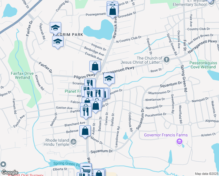 map of restaurants, bars, coffee shops, grocery stores, and more near 325 Miantonomo Drive in Warwick