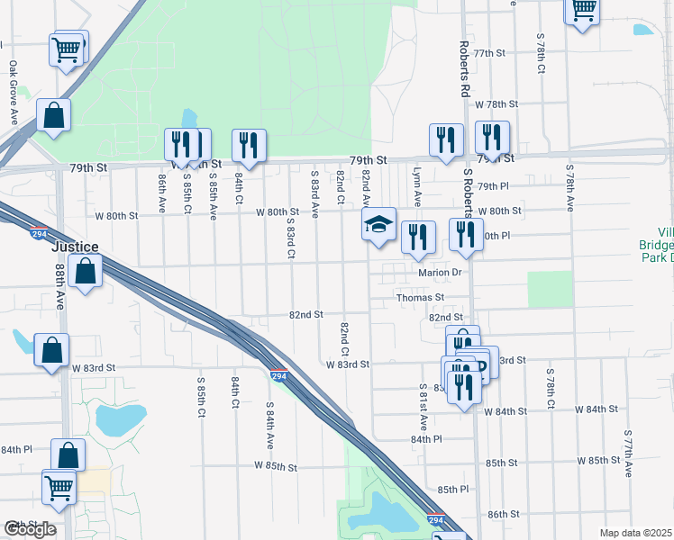 map of restaurants, bars, coffee shops, grocery stores, and more near 8114 South 82nd Court in Justice