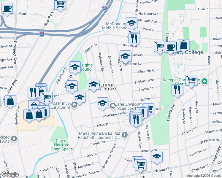 map of restaurants, bars, coffee shops, grocery stores, and more near 207 Flatbush Avenue in Hartford