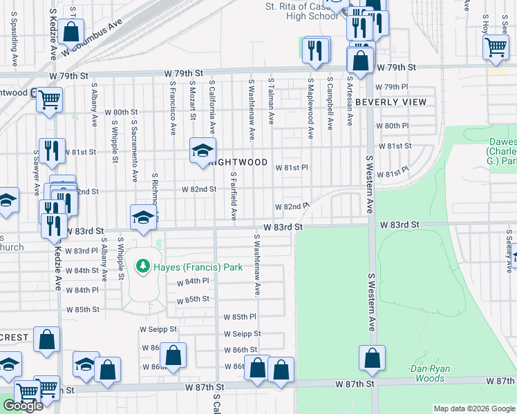 map of restaurants, bars, coffee shops, grocery stores, and more near 8229 South Washtenaw Avenue in Chicago