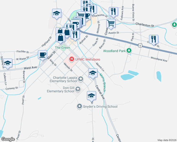 map of restaurants, bars, coffee shops, grocery stores, and more near 3 Sturrock Street in Wellsboro