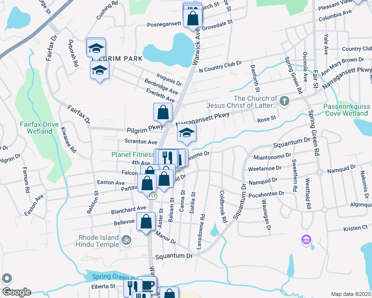 map of restaurants, bars, coffee shops, grocery stores, and more near 325 Miantonomo Drive in Warwick