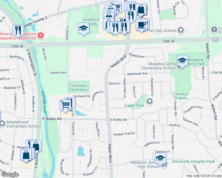 map of restaurants, bars, coffee shops, grocery stores, and more near 607 Harlowe Court in Naperville