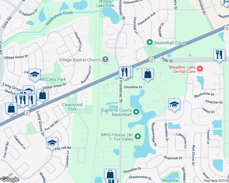 map of restaurants, bars, coffee shops, grocery stores, and more near 3375 Ravinia Circle in Aurora