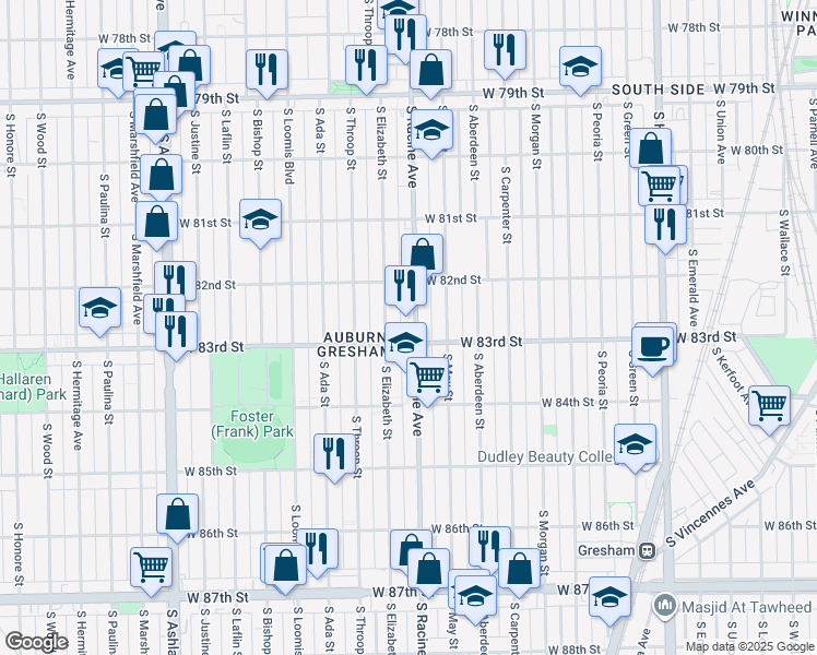 map of restaurants, bars, coffee shops, grocery stores, and more near 8246 South Racine Avenue in Chicago