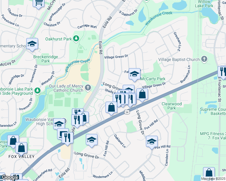 map of restaurants, bars, coffee shops, grocery stores, and more near 2870 Shelly Lane in Aurora