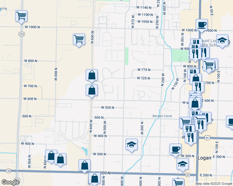 map of restaurants, bars, coffee shops, grocery stores, and more near 645 North Woodside Drive West in Logan