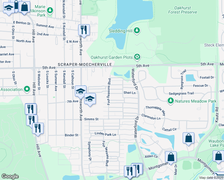 map of restaurants, bars, coffee shops, grocery stores, and more near 676 Four Seasons Boulevard in Aurora