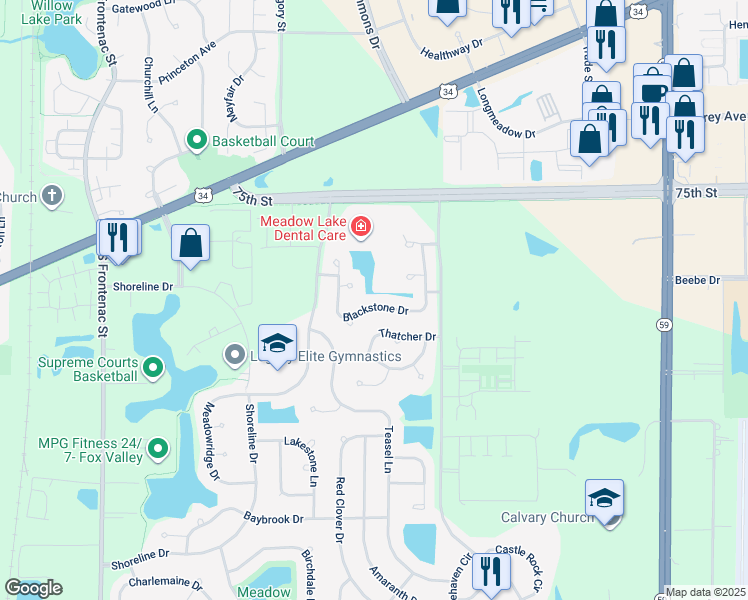 map of restaurants, bars, coffee shops, grocery stores, and more near 3988 Blackstone Drive in Aurora