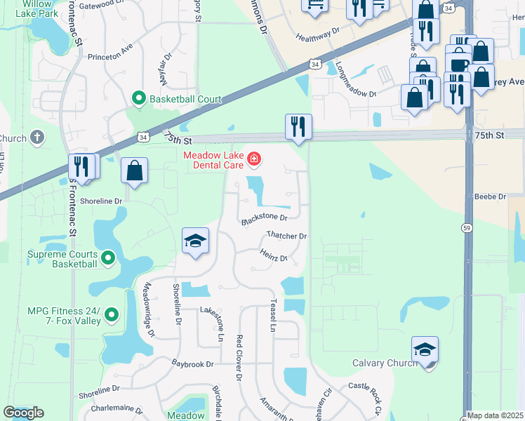 map of restaurants, bars, coffee shops, grocery stores, and more near 3988 Blackstone Drive in Aurora