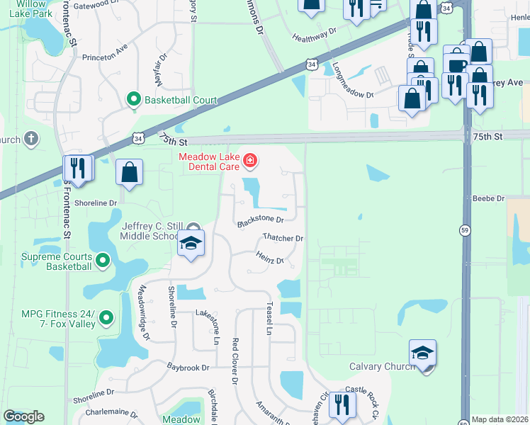 map of restaurants, bars, coffee shops, grocery stores, and more near 4000 Blackstone Drive in Aurora