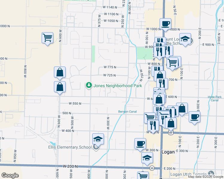 map of restaurants, bars, coffee shops, grocery stores, and more near 283 West 600 North in Logan