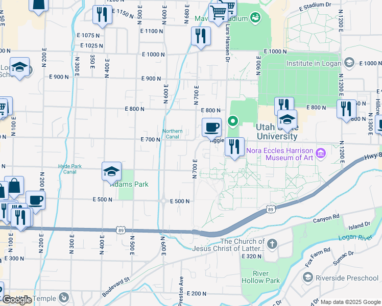 map of restaurants, bars, coffee shops, grocery stores, and more near 30 Hillside Circle in Logan
