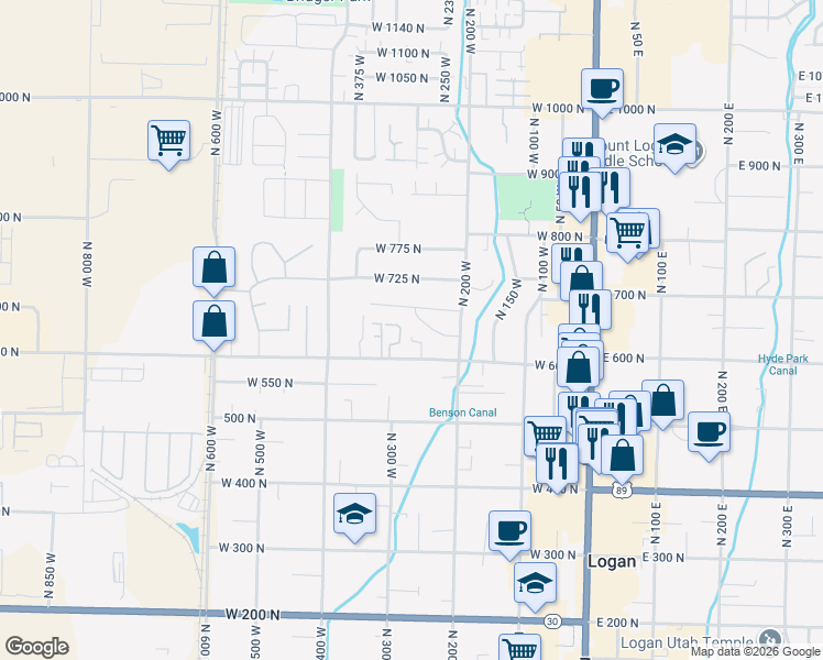 map of restaurants, bars, coffee shops, grocery stores, and more near 257 A W 0600 North in Logan