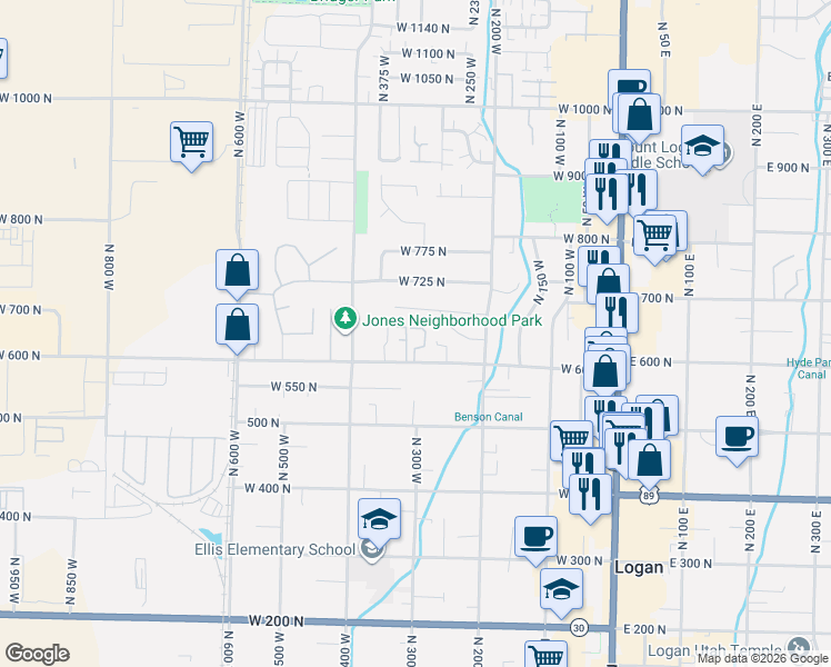 map of restaurants, bars, coffee shops, grocery stores, and more near 611 North 315 West in Logan