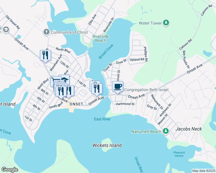 map of restaurants, bars, coffee shops, grocery stores, and more near 7 North Water Street in East Bridgewater
