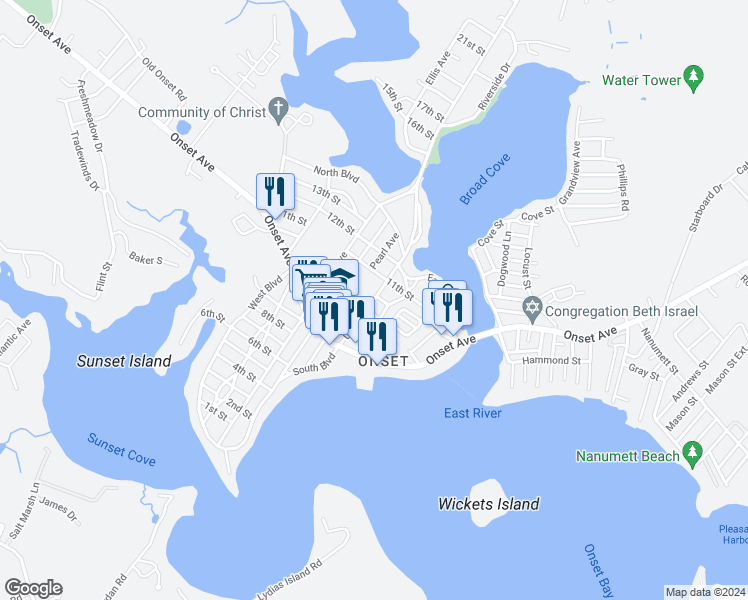 map of restaurants, bars, coffee shops, grocery stores, and more near 14 Waban Avenue in Wareham