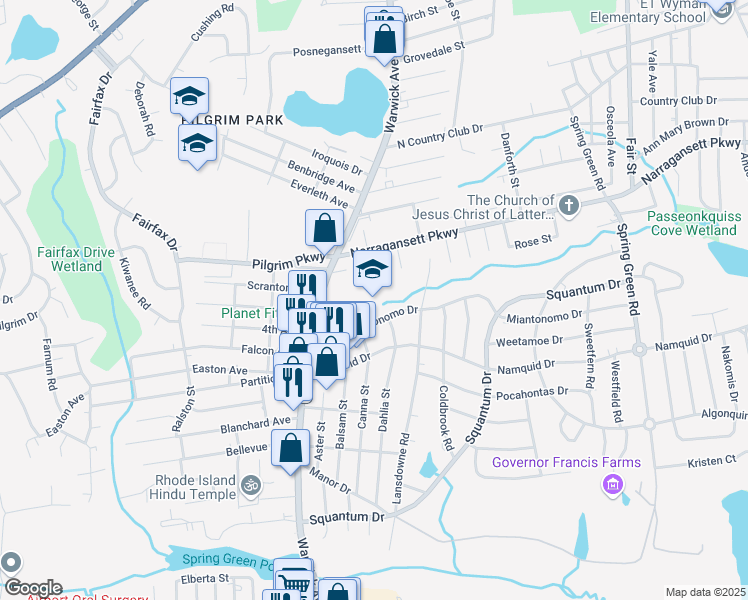 map of restaurants, bars, coffee shops, grocery stores, and more near 325 Miantonomo Drive in Warwick