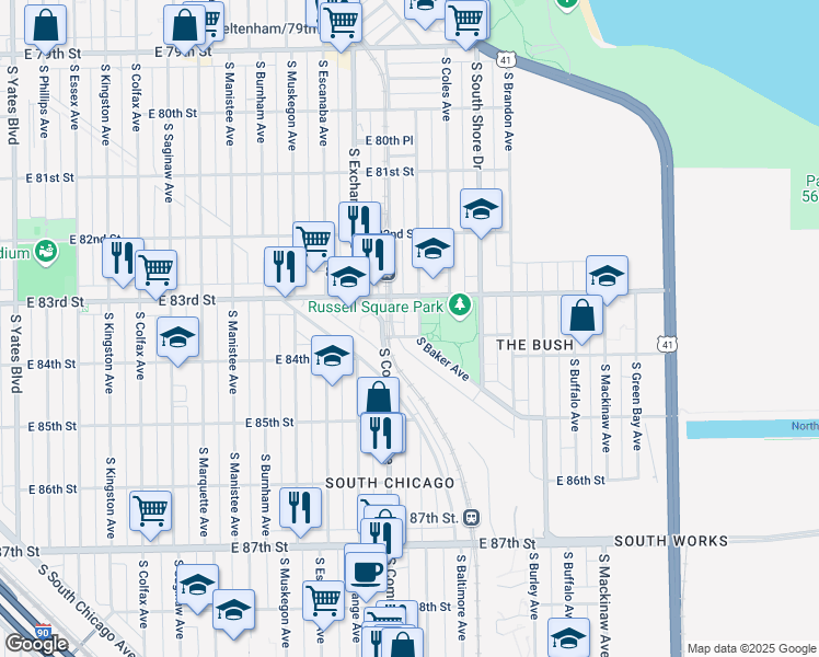 map of restaurants, bars, coffee shops, grocery stores, and more near 8338 South Houston Avenue in Chicago
