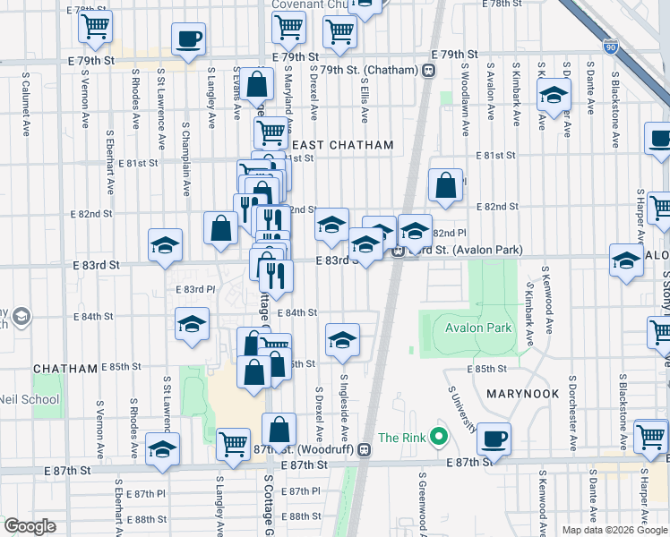 map of restaurants, bars, coffee shops, grocery stores, and more near 8312 South Ingleside Avenue in Chicago