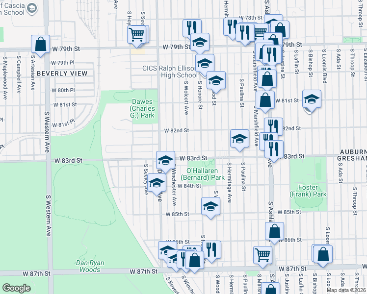 map of restaurants, bars, coffee shops, grocery stores, and more near 8245 South Wolcott Avenue in Chicago