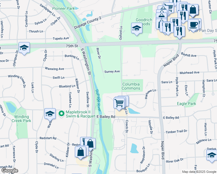 map of restaurants, bars, coffee shops, grocery stores, and more near 1525 Oxford Lane in Naperville