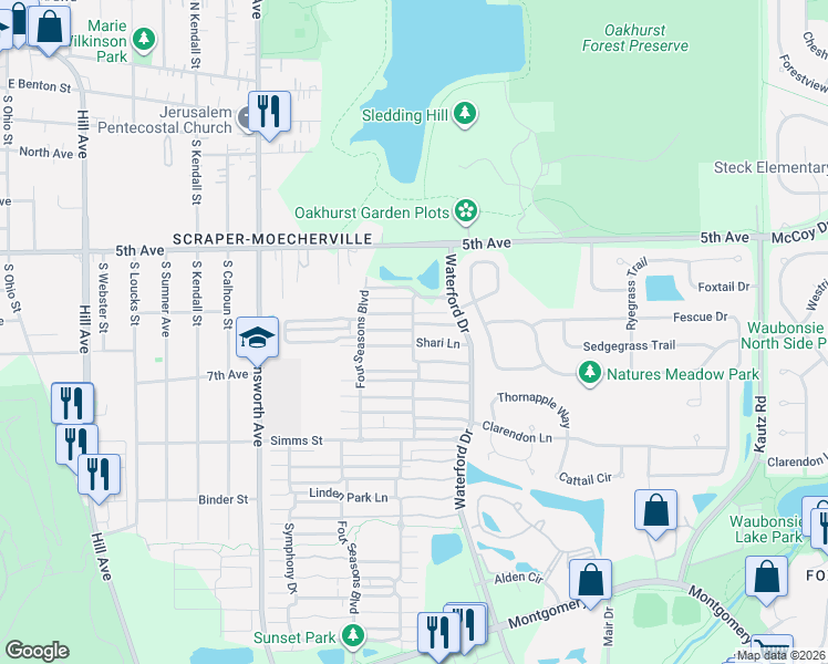 map of restaurants, bars, coffee shops, grocery stores, and more near 1750 Shari Lane in Aurora