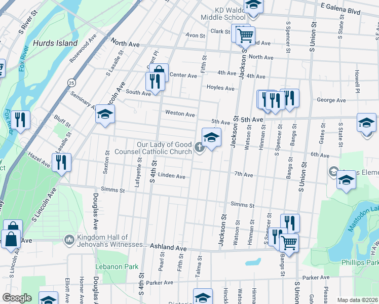 map of restaurants, bars, coffee shops, grocery stores, and more near 460 Maple Avenue in Aurora