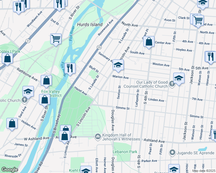map of restaurants, bars, coffee shops, grocery stores, and more near 636 South Lincoln Avenue in Aurora