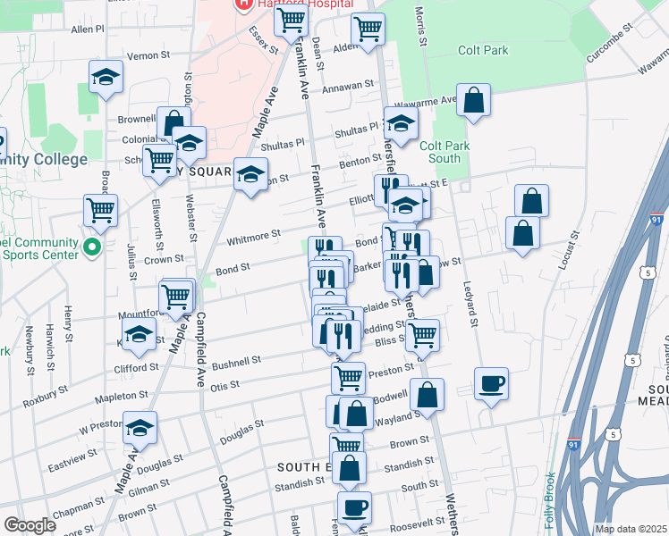 map of restaurants, bars, coffee shops, grocery stores, and more near 258 Franklin Avenue in Hartford