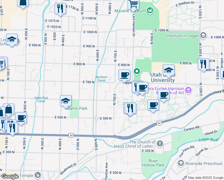 map of restaurants, bars, coffee shops, grocery stores, and more near 30 Hillside Circle in Logan
