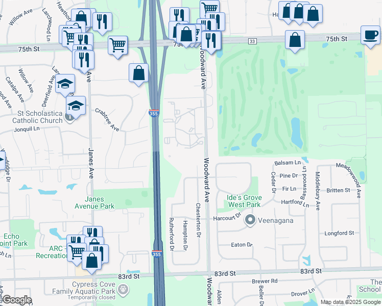 map of restaurants, bars, coffee shops, grocery stores, and more near 7902 Chesterton Court in Woodridge