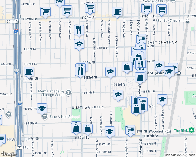 map of restaurants, bars, coffee shops, grocery stores, and more near 507 East 83rd Street in Chicago