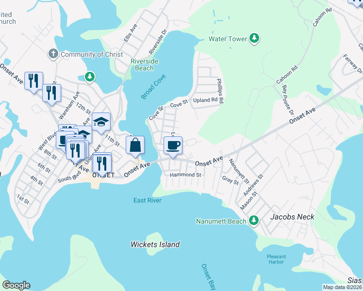 map of restaurants, bars, coffee shops, grocery stores, and more near 19 Grove Street in Wareham