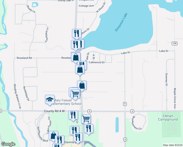 map of restaurants, bars, coffee shops, grocery stores, and more near 26308 Lakeview Drive in Elkhart