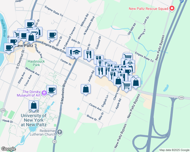 map of restaurants, bars, coffee shops, grocery stores, and more near 4 Joalyn Rd in New Paltz