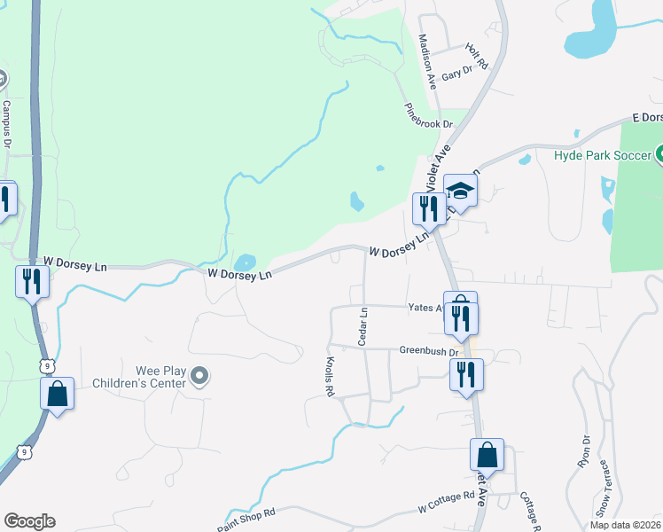 map of restaurants, bars, coffee shops, grocery stores, and more near 58 West Dorsey Lane in Hyde Park