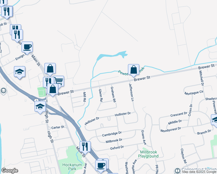 map of restaurants, bars, coffee shops, grocery stores, and more near 141 Brewer Street in East Hartford