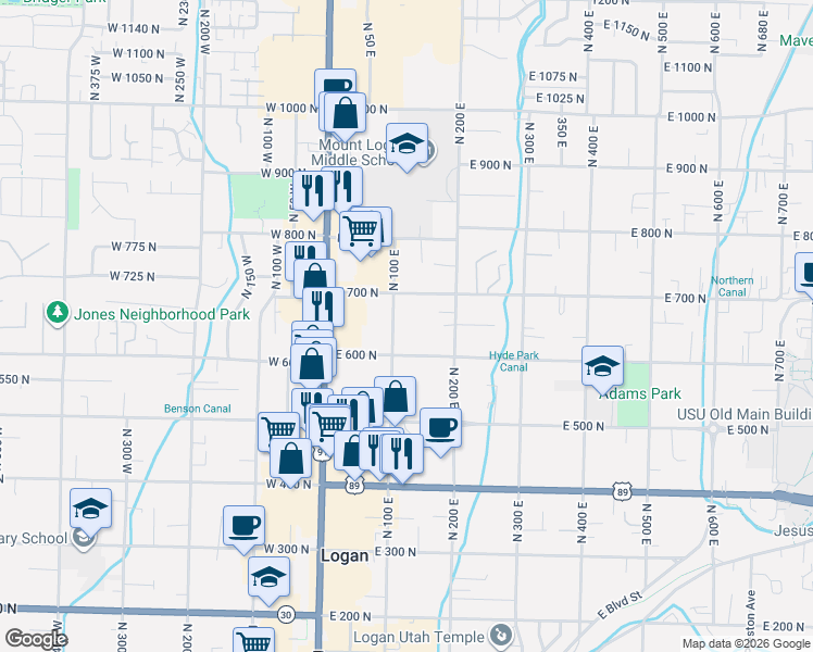 map of restaurants, bars, coffee shops, grocery stores, and more near 145 East 600 North in Logan
