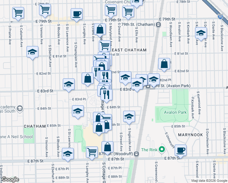 map of restaurants, bars, coffee shops, grocery stores, and more near 8316 South Drexel Avenue in Chicago