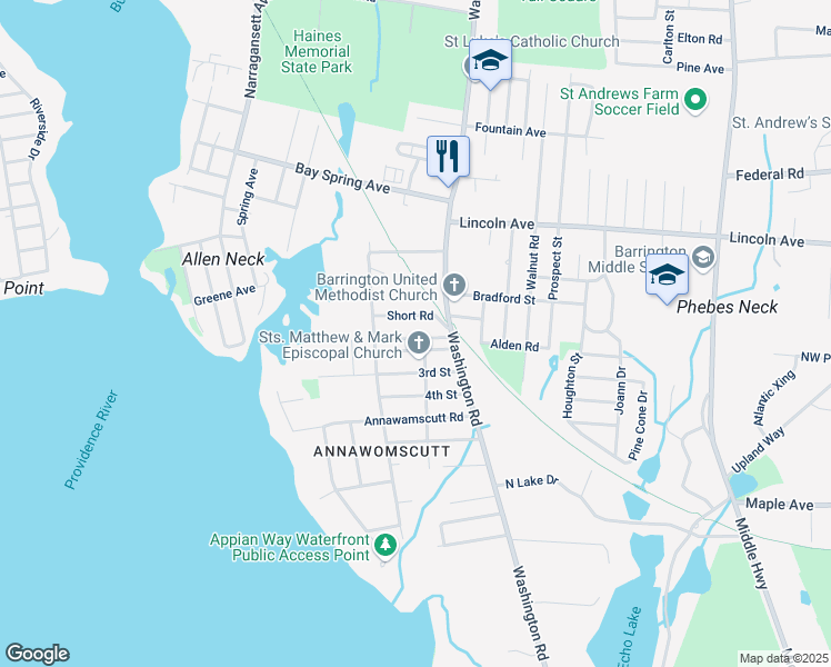 map of restaurants, bars, coffee shops, grocery stores, and more near 15 1st Street in Barrington