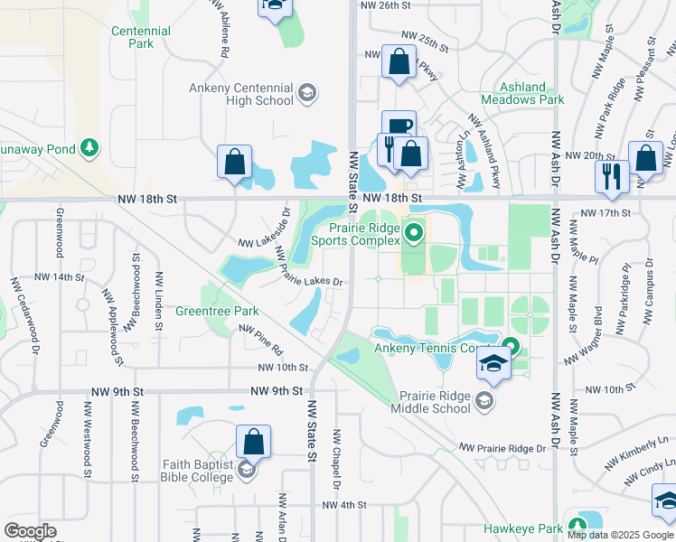 map of restaurants, bars, coffee shops, grocery stores, and more near 1602 Northwest Prairie Lakes Drive in Ankeny