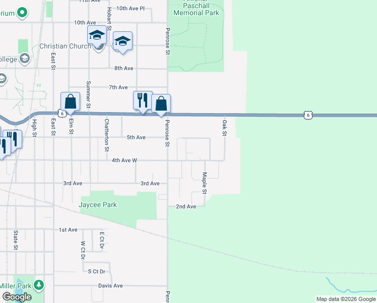 map of restaurants, bars, coffee shops, grocery stores, and more near 2021 4th Avenue in Grinnell
