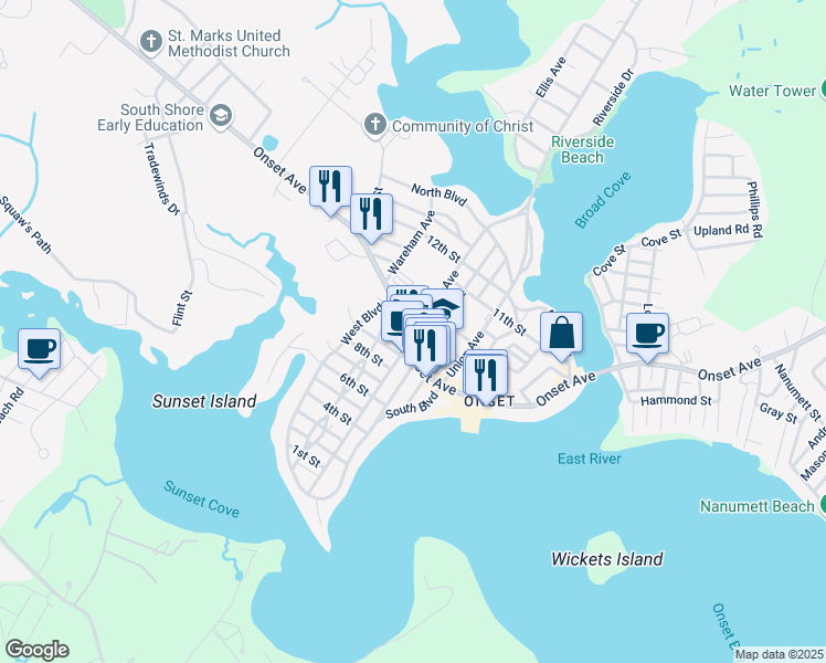 map of restaurants, bars, coffee shops, grocery stores, and more near 5 East Central Avenue in Wareham
