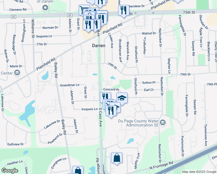 map of restaurants, bars, coffee shops, grocery stores, and more near 1121 Chalet Drive in Darien