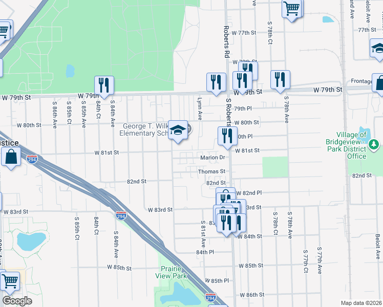 map of restaurants, bars, coffee shops, grocery stores, and more near 8107 Marion Drive in Justice
