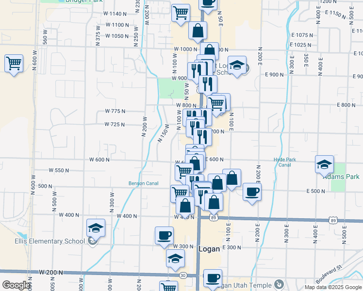 map of restaurants, bars, coffee shops, grocery stores, and more near 650 North 100 West in Logan